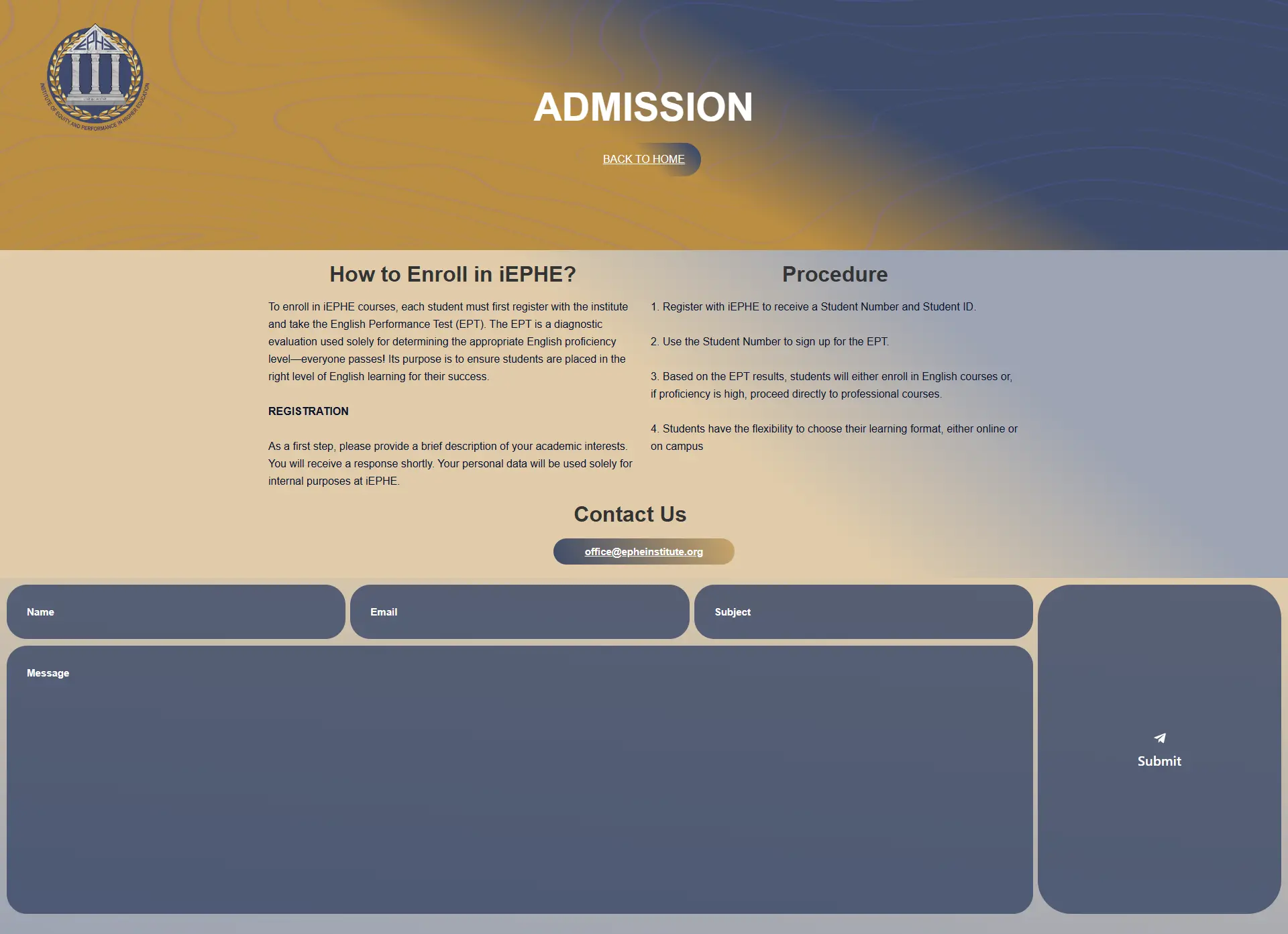 admission webpage layout